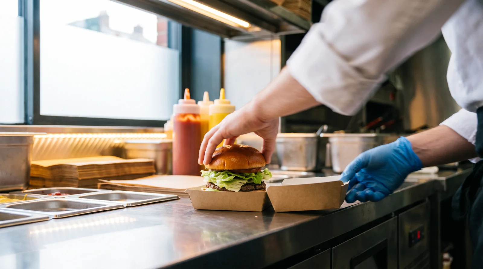 Deux mains assemblent un burger et referment la boîte sur le comptoir d'un restaurant de restauration rapide