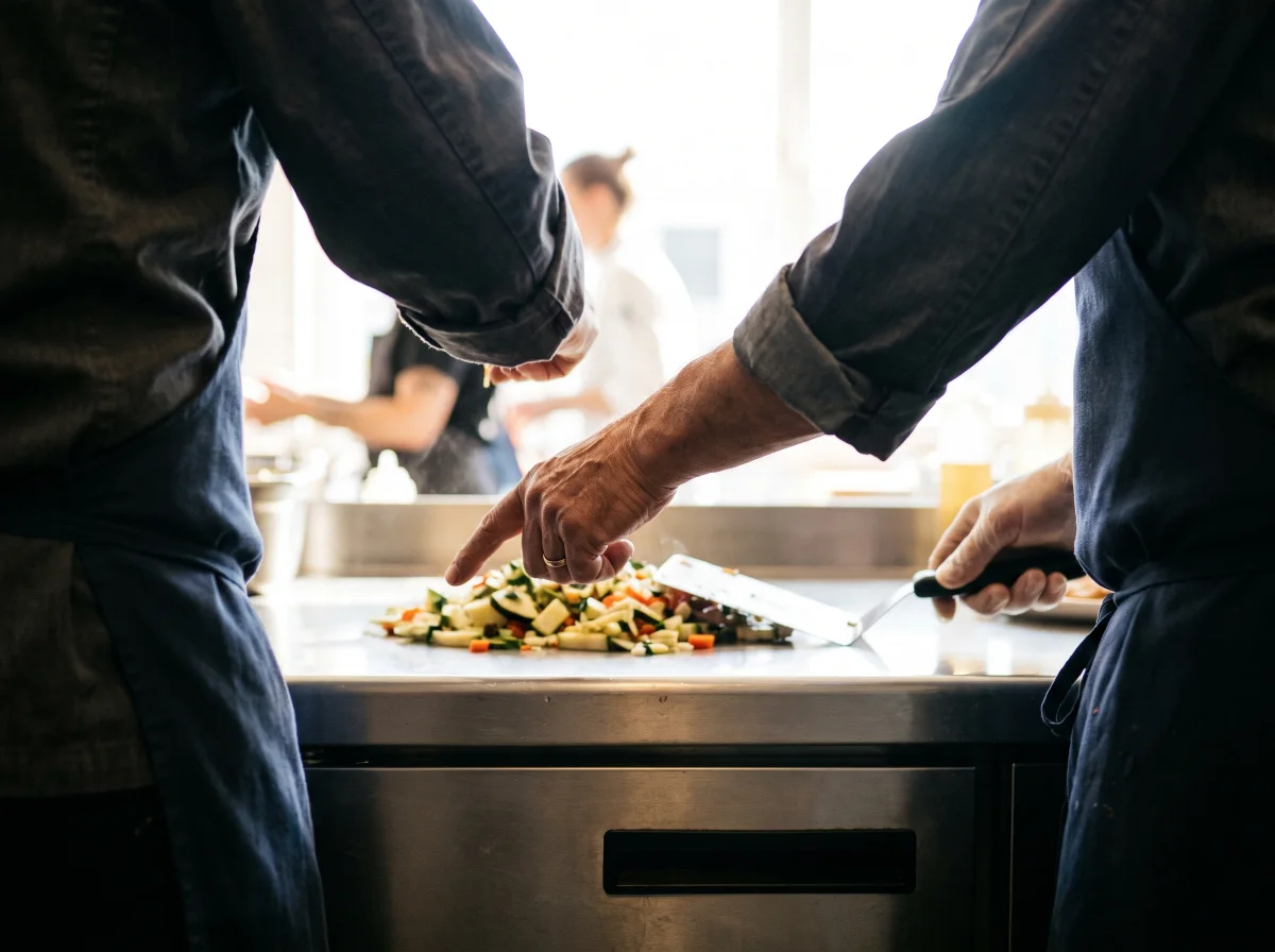 Une main désigne un point précis sur le plan de travail pendant qu'une autre tient une spatule