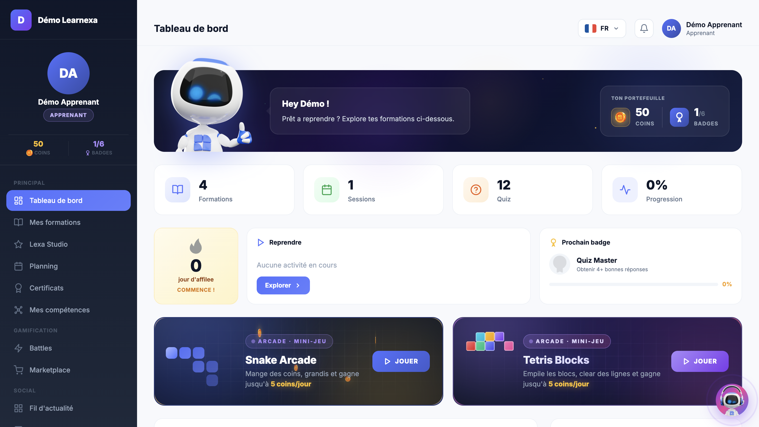 Tableau de bord apprenant gamifié avec XP et niveaux